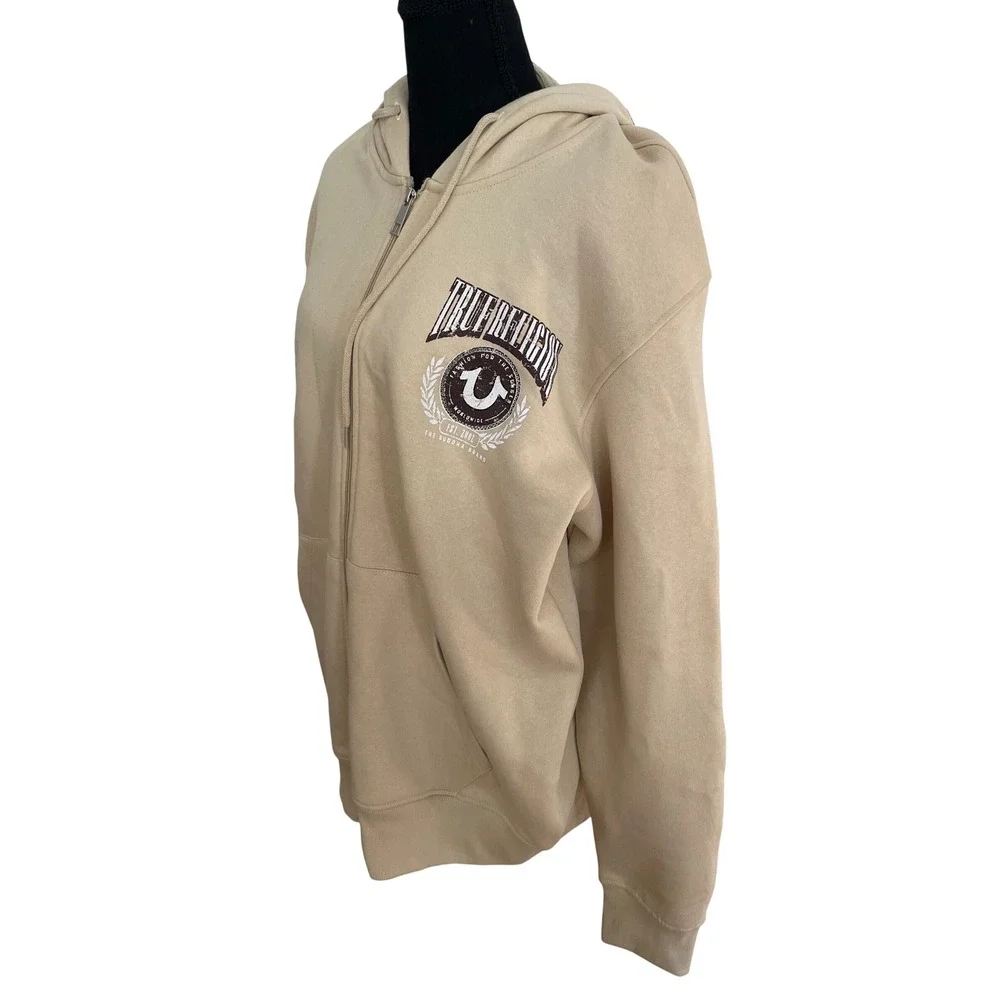 True Religion Zip Hoodie Mens XL Fog Beige College Logo Y2K Streetwear New